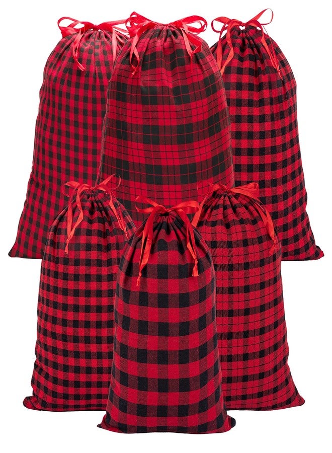 joycraft 6Pcs Cotton Christmas Drawstring Gift Bags - 2 Sizes Buffalo Plaid Christmas Bags, Red and Black Holiday Gift Sacks for Xmas, Birthday, Party Favor, Present Wrapping - Image 1